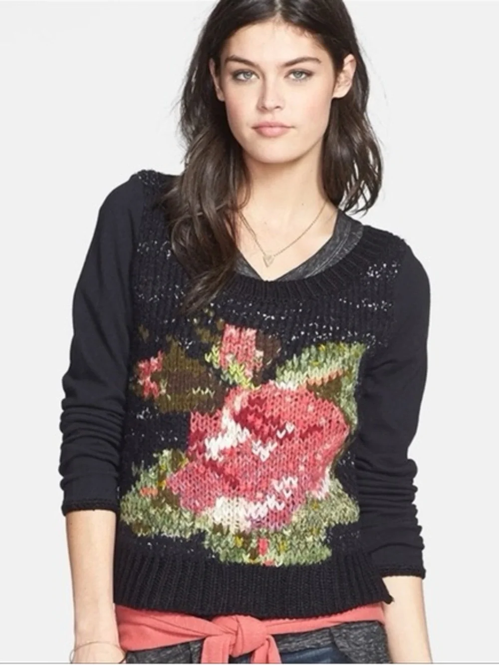 🌹 Free People Women’s Magic Rose Black Floral Knit Sweater - Size XS